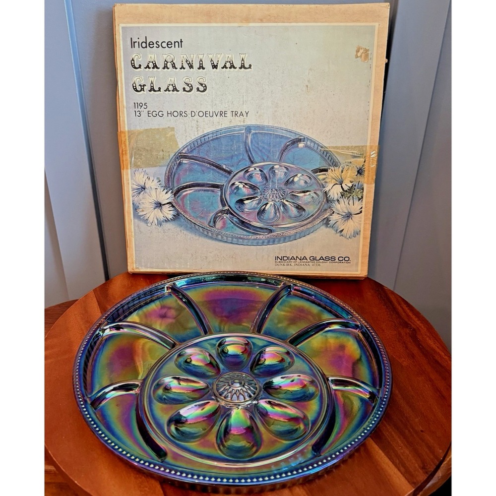 Indiana Glass Carnival Iridescent Egg Hors d'Oeuvre Deviled Egg Tray w/Box F/W
